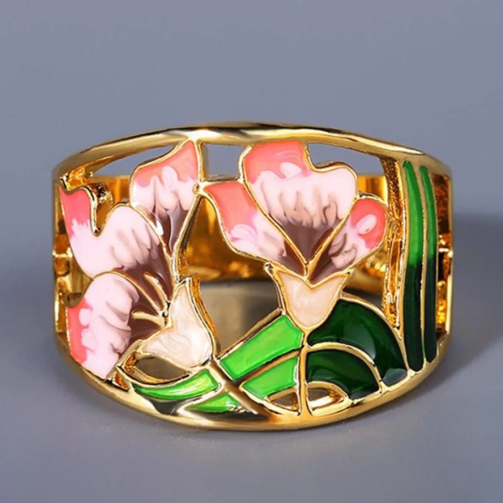 Retro Gouden Emaille Bloemring